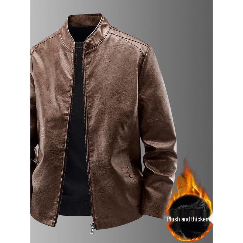 Men's Slim Fit Genuine Leather Jacket with Stand Collar and Velvet Lining - Casual Motorcycle Outerwear