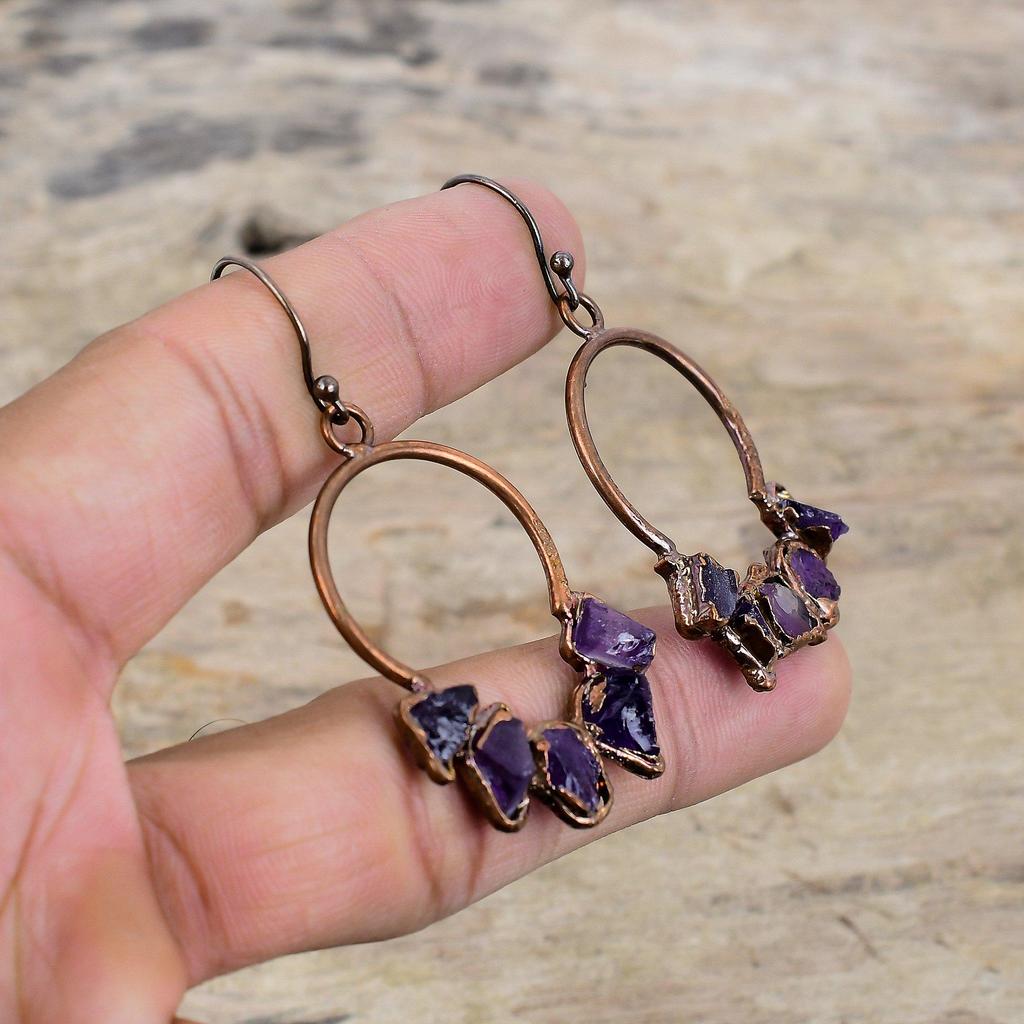 African Amethyst Rough Earring Electroformed Copper Earring Original Gemstone Jewelry Handmade Earring Electroformed Jewelry Engagement Gift