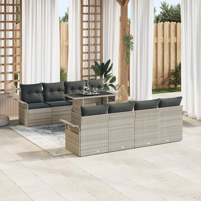 VidaXL Ensemble de Canapés de Jardin 9 Pièces avec Coussins Gris Clair en Rotin Poly 3356985