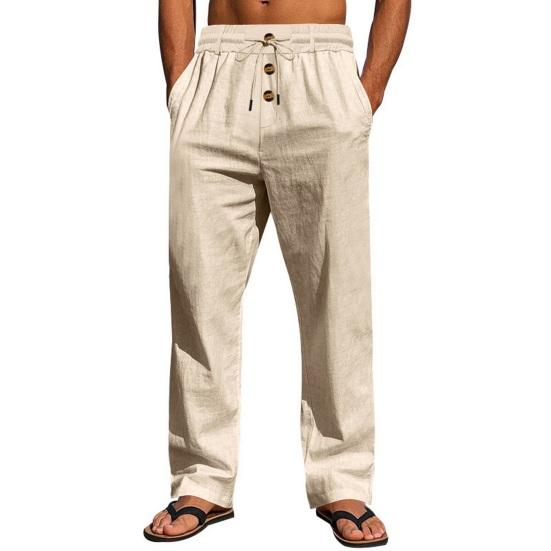 Herren Sommer Leinenhose Lässige Einfarbige Baggy-Hose Strand-Yogahose mit Taschen Elastischer Taille Kordelzug für den Alltag und Urlaub