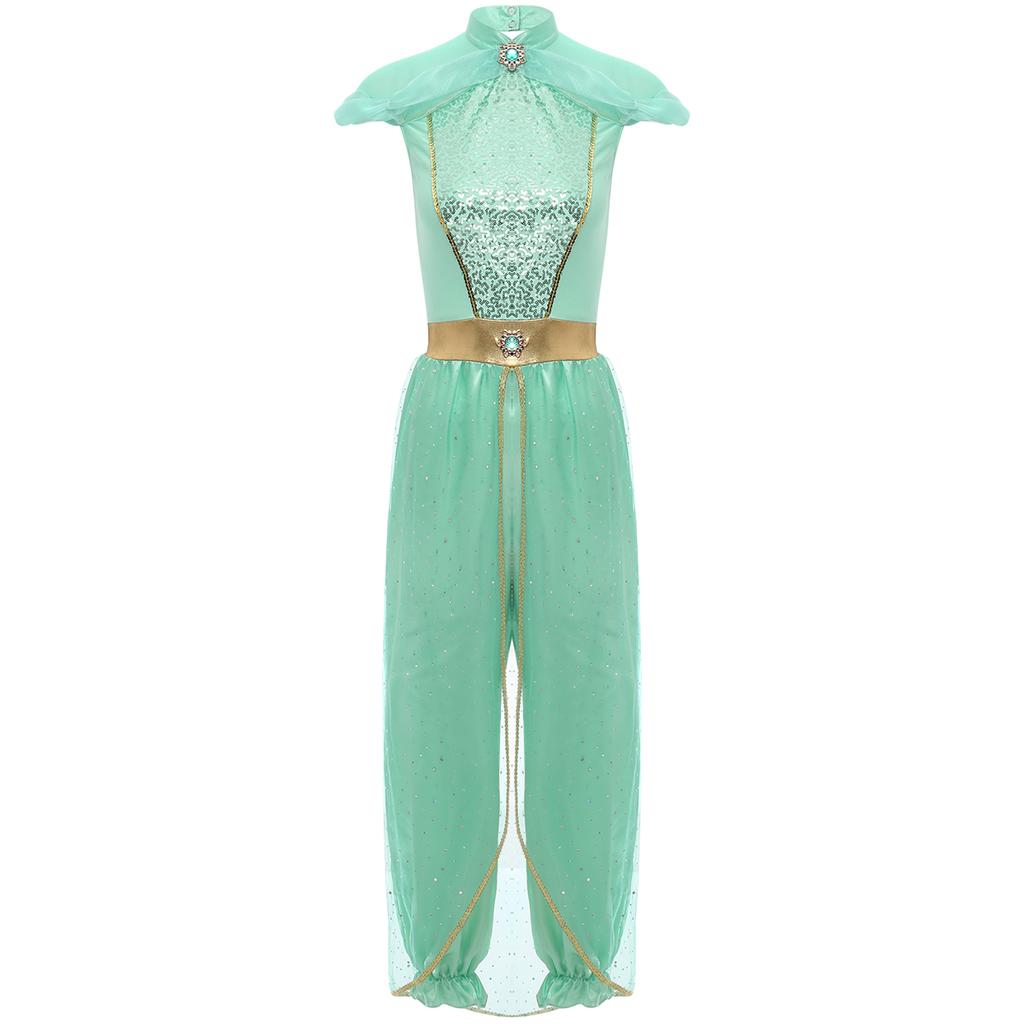 Womens Arabian Princess Jumpsuit Gems Adorned Sequined Overlay One Piece Romper Belly Dance Halloween Costume