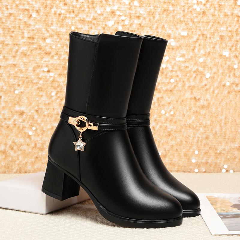 Woman Winter Warm Plus Fleece Snow Wedge Heel Boots Pu Leather Boots Flat Bottom Middle Tube Mother Comfort Cotton Shoes