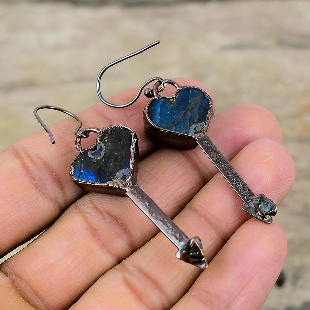 Labradorite Rough Earring Green Tourmaline Rough Earring Electroformed Copper Earrings Electroformed Jewelry Gift For Her Gemstone Earrings
