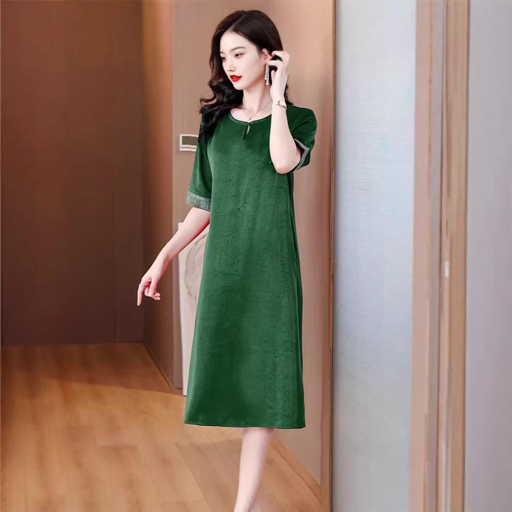 

Satin Casual Round Neck Short Sleeve Dress for Women XXL зелений