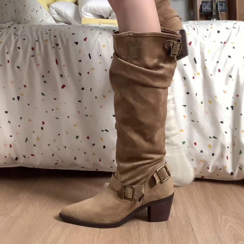 Fashion Pointed Toe Women High Boots Suede Designer Shoes Fashion Dress Chunky Boots 2025 New Trend Winter Knee High Chelsea Botas Mujer
