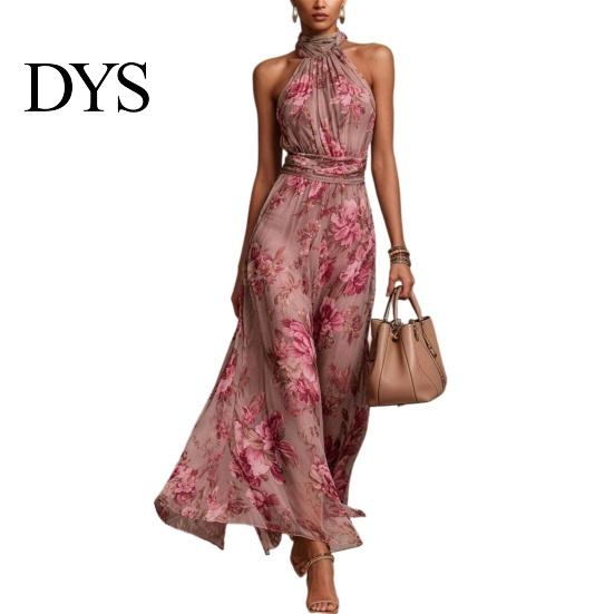 Waist Slimming Dress Floral Chiffon for Women, Halter Sleeveless Ruched Maxi Tallening Body Shape Dress, Turtle Neck Wedding Guest Cocktail