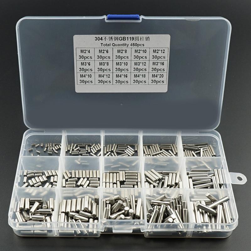 450Pcs Dowel Pin Stainless Steel Peg Support Shelves Silver Tone Locating Dowel M2 M3 M4 Slotted Pin Assortment Kit
