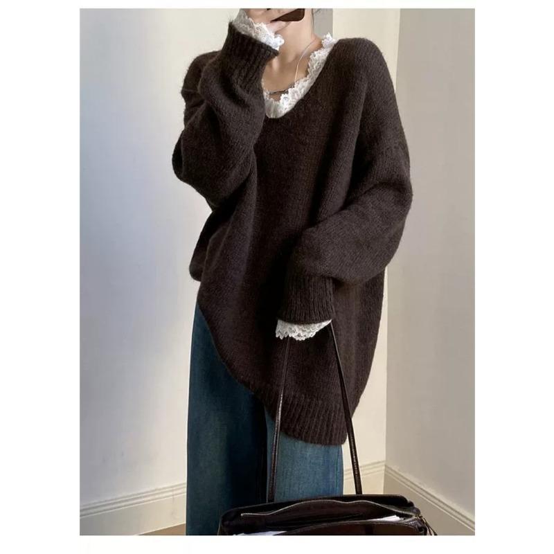 New Korean Fashion Lace Patchwork Pullover Loose Sweater Women Knitted Casual Versatile Tops Autumn and Winter V Neck Long Sleeve Solid Color Clothes