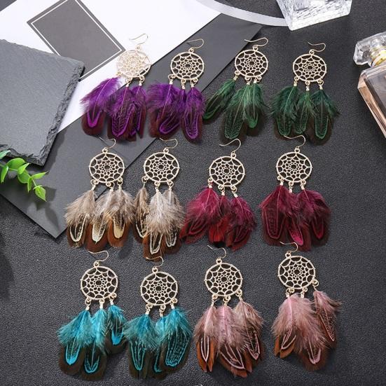 1 Pair Retro Bohemia Women Hook Earrings Feather Tassel Round Drop Earrings