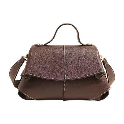 Brown Litchi Grain Soft Leather Flap Top Handle Bag For Women Casual Crossbody Shoulder Bag With Detachable Strap For Daily Use
