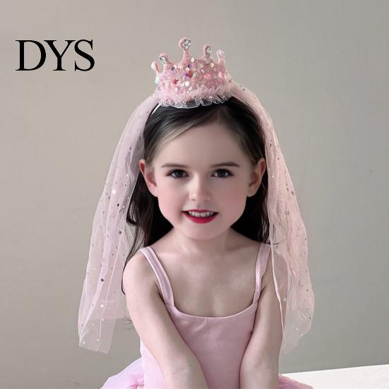 Imitation Pearl Headband Girl Crown with Sequins Pearls Princess-Style Baby Mesh Veil Toddler Princess Headpiece Photo Accessory