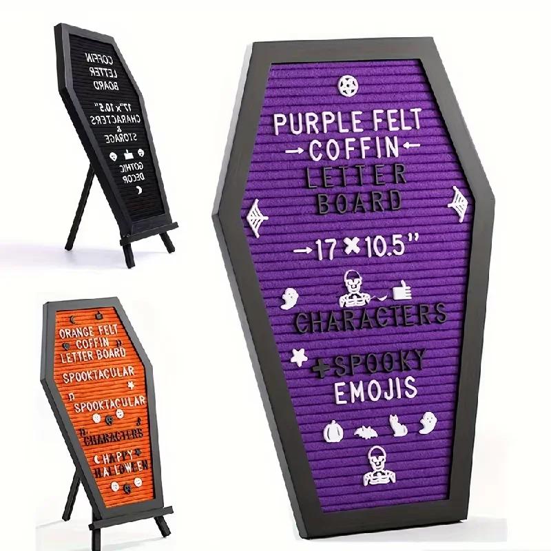 Ein hochwertiges Gothic Halloween Dekorations-Set - Schwarzes Sarg-Buchstabenbrett mit gruseligem Design und Holzständer für gruselige Geschenke