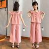 Girl Summer Sweet Solid Color Set Ruffle Shirt Doll Shirt Wide Leg Pants Two Piece Set