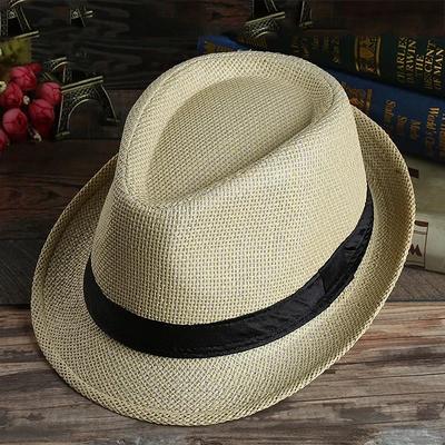 Mode Herren Strohhut für Damen Sommer Trendy Strand Sonnenhüte Einfarbig Fedoras Band Lässige Cowboy Jazz Kappe Gangster Kappe Herren
