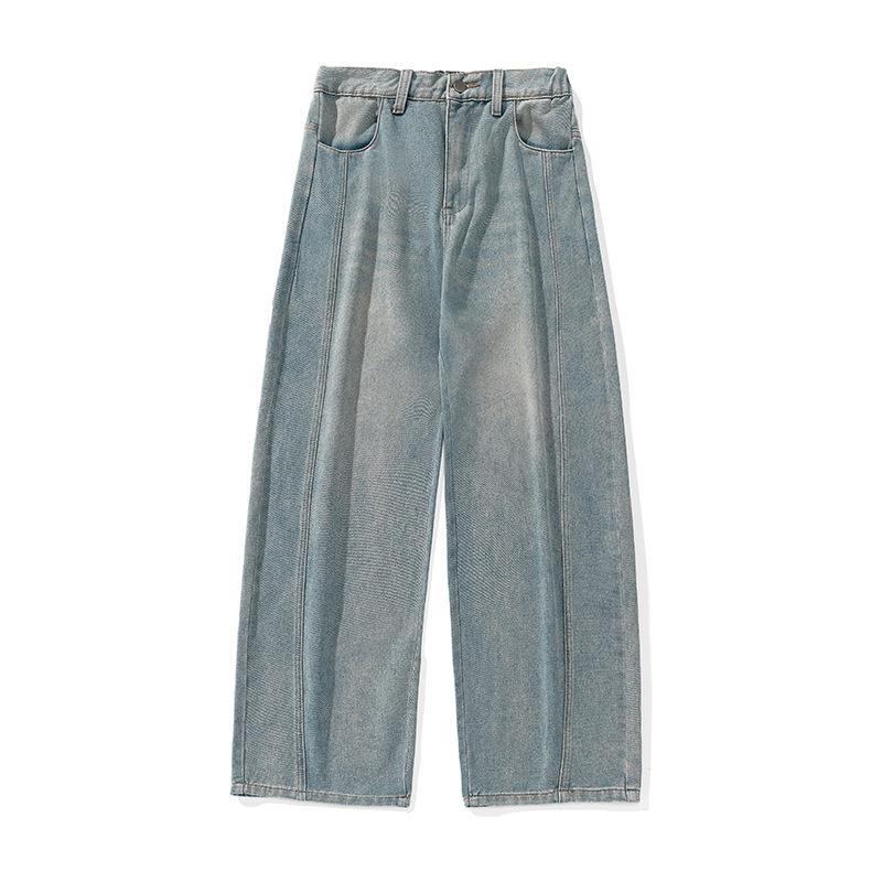 Men Loose Fit Washed Denim Jeans American Vintage Side Split Tapered Long Pants