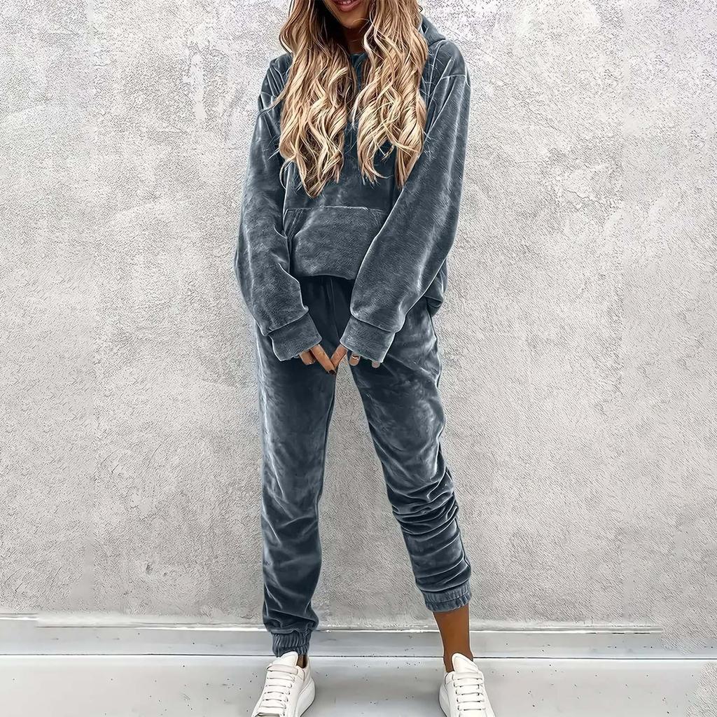 Women's Casual Color Hooded Sweatshirt and Jogger Pants Two-Piece Set with Pockets for Sports and Everyday Wear
