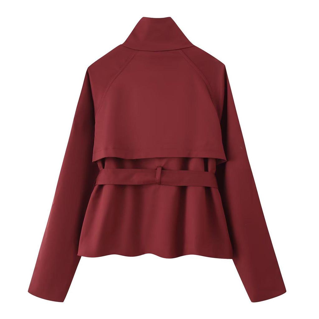 Europäischer und Amerikanischer Damen Doppelreiher Trenchcoat mit Bindegürtel Lässige Kurze Jacke