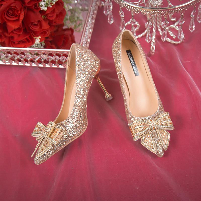 Bling Sequins Red Pumps Women Sexy Crystal Bow Thin Heels Bride Shoes for Wedding Woman Slip-On Shining High Heels Dance Shoes