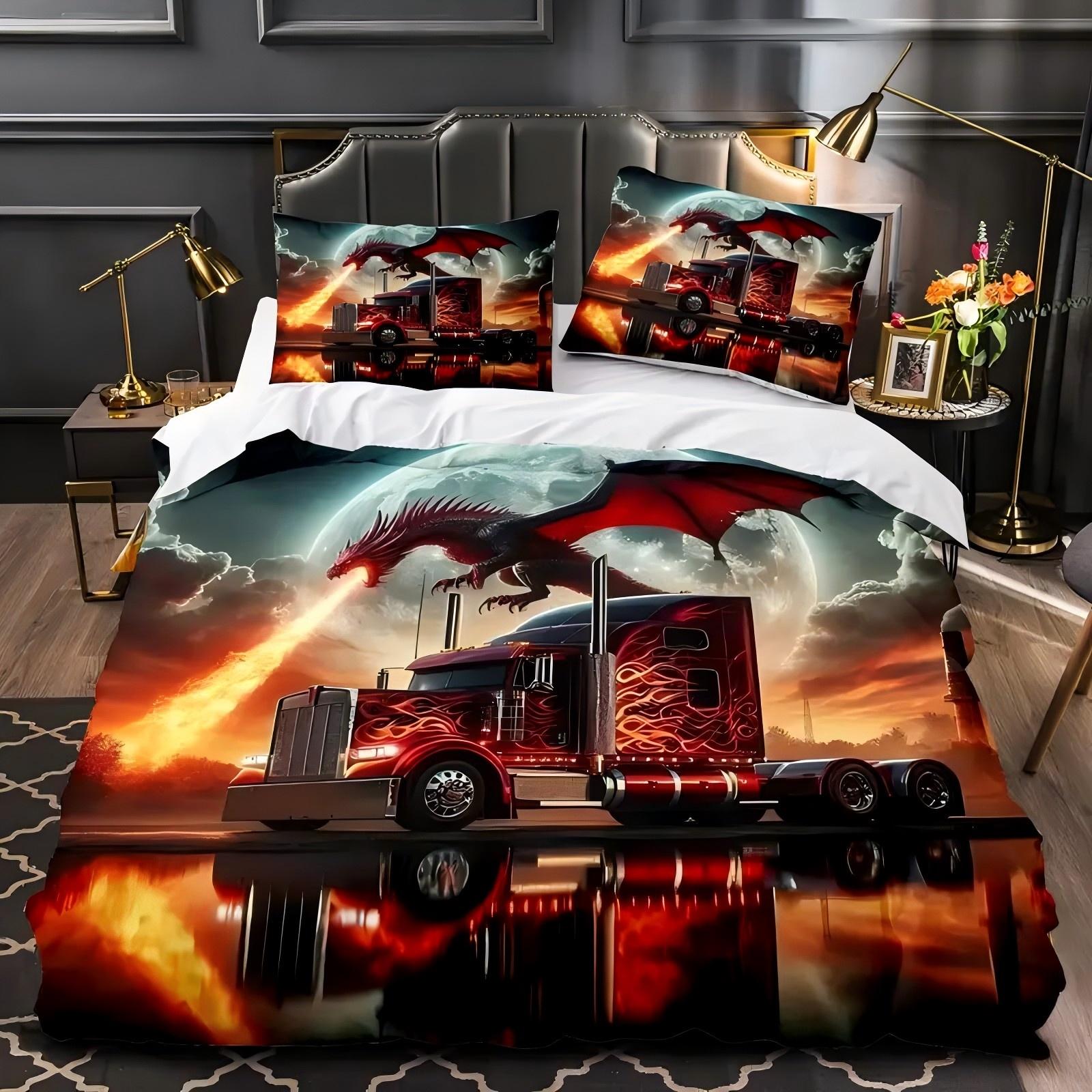 

Cool Dragon Fireworks Truck Pattern 3D Print Duvet Cover Soft Comfortable Bedding Set Wildlife Theme Quilt Cover Set Pillowcases 135x200cm 2pcs