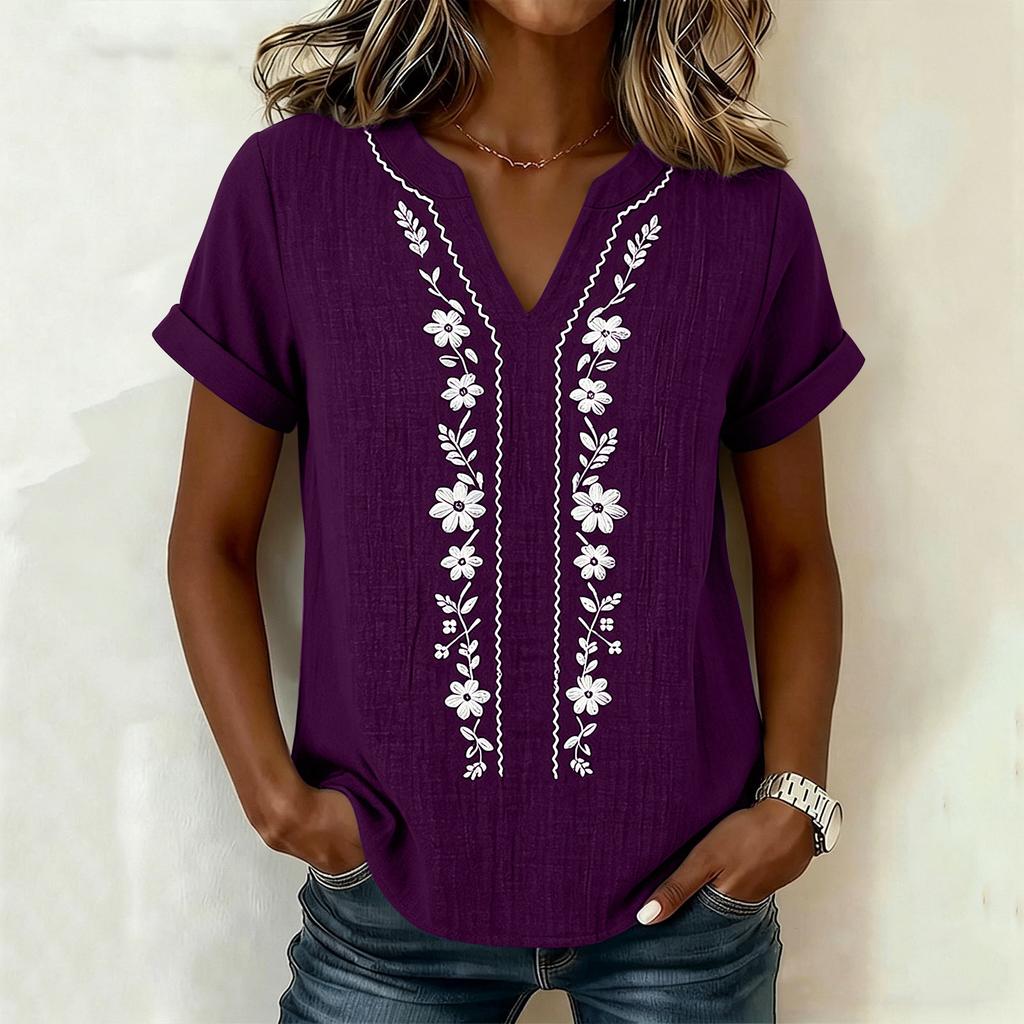 Women's V-Neck Embroidered Blouse - Short Sleeve, Casual Tunic Top for Summer, Business Casual Shirt