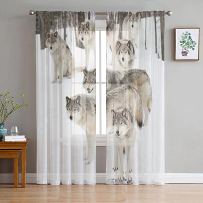 Cortinas transparentes com fundo de neve branca de lobo para sala de estar, quarto infantil, cortinas de tule, cortinas de tratamento de janela de cozinha