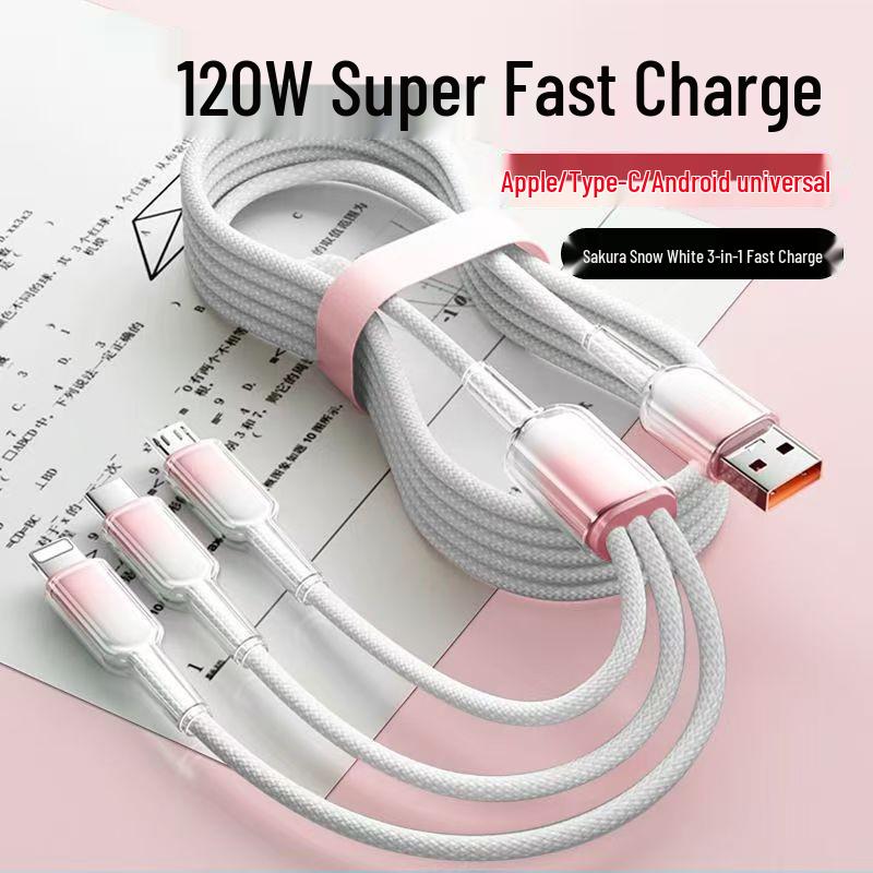 

66W 3-in-1 Multi-Head Fast Charging Cable for Apple, Android, and Huawei Phones 1.2m Gradient One-to-Three [Pink + White]