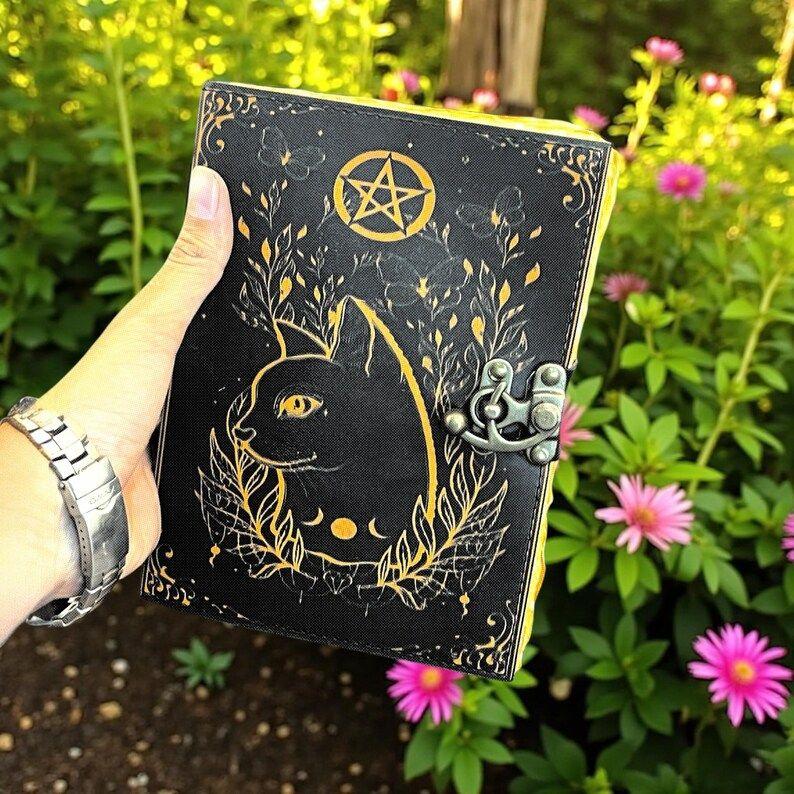 Grimoire Vintage Leather Journal, Celtic Cat Leather Journal, Blank Spell Book of Shadows Celestial Gifts For Him Her