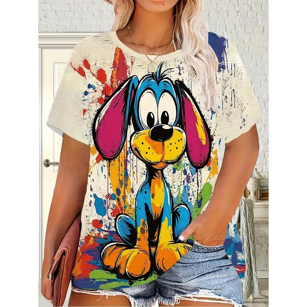 Plus Size Casual Crew Neck Short Sleeve Cartoon Animal Print T-Shirt - Soft Stretch Polyester Fabric Spring and Summer Womens Relaxed Fit Clothing