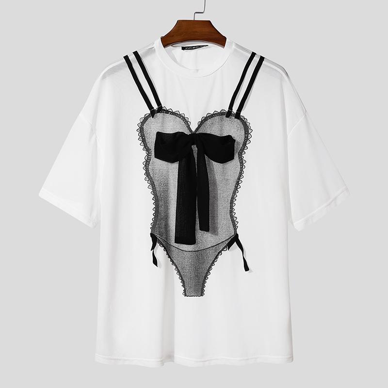 INCERUN Men Short Sleeves Funny Print See Through Casual Losee Tee Tops