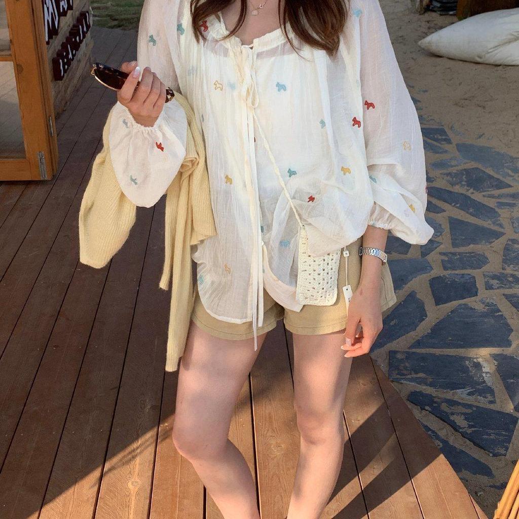 Women's Long Sleeve Lemon Green Tea Floral Embroidered Shirt – Slimming Tie-Up Sun Protection Top