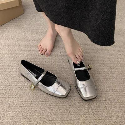 Silver Square Head Single Shoes Women's Spring and Summer Flat Bottom Shallow Mouth Mary Jane Shoes