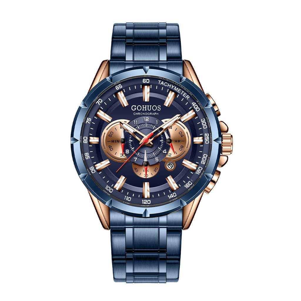 Gohuos 6003 Casual Sport Chronograph Men's Watches Stainless Steel Band Wristwatch Big Dial Quartz Clock with Luminous Pointers