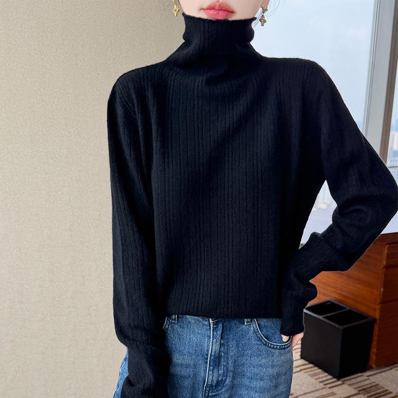 Women's Pure Wool Ribbed Turtleneck Sweater - Autumn/Winter Versatile Commuter Base Layer