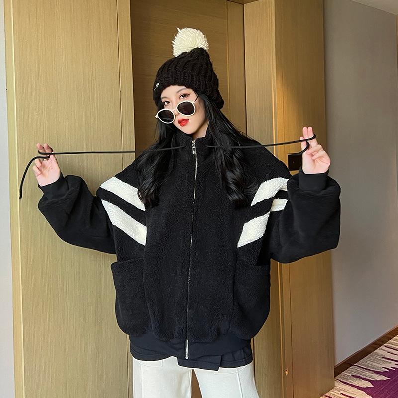 Black and White Color Matching Coat Women's Winter New Korean Version Loose Thickened Warm Cotton Clothes