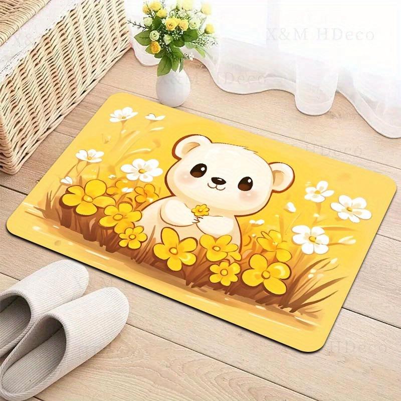 Cute Cartoon Bear Door Mat, Yellow Floral Garden Entry Rug, Soft Non-Slip Floor Mat for Kids Bedroom, Spring Decor