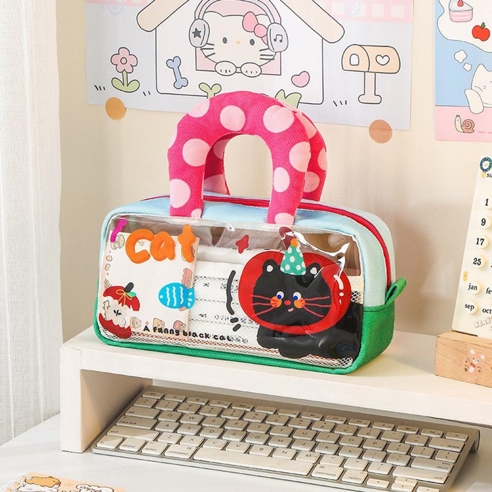 Cartoon Pencil Bag Multi-Layer Transparent Handheld Pen Bag Makeup Bag Large Capacity Portable Stationery Organizer For Home
