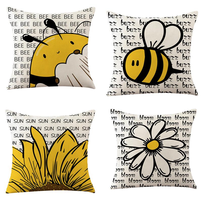 45x45cm Bee Sunflower Pillowcase Spring Cotton Linen Home Living Room Sofa Decoration Cushion Cover