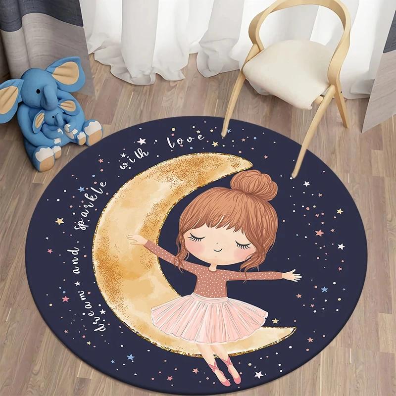 Cartoon Ballet Girl Round Carpet Moon Princess Print Rug For Children's Room Sofa Living Room Balcony Corridor Decor Floor Mat