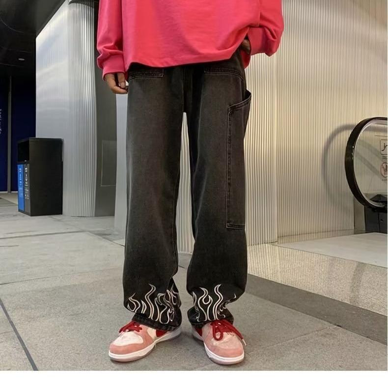 

Y2K Vintage Flame Printed Jeans For Men Baggy Streetwear Wide Leg Denim Trousers Hip Hop Fashion Straight Pantalones 2XL