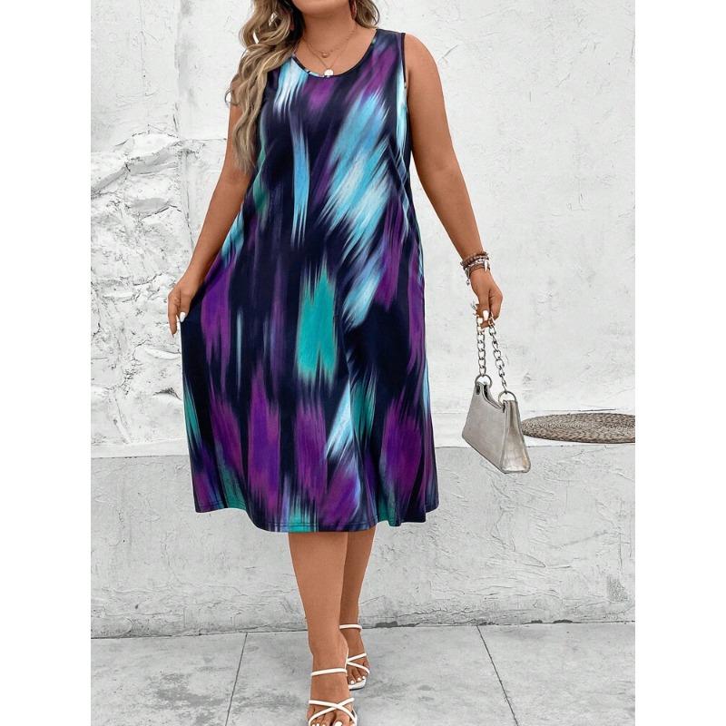 Frühling Sommer Kleider Damen Mode Bedruckt O-Ausschnitt Ärmellos Übergröße Kleider Damen 5XL violett