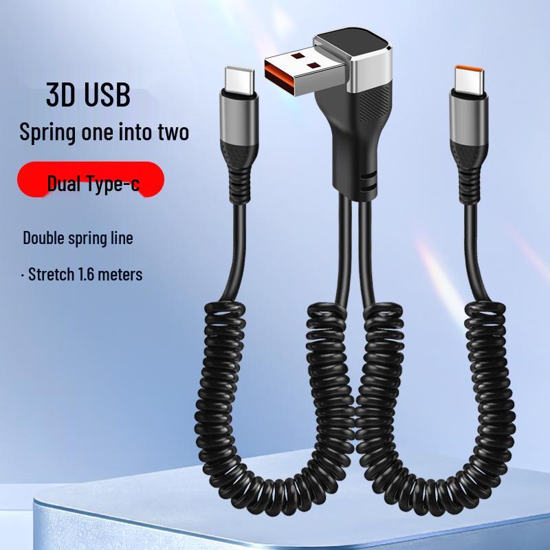 66W Retractable Elbow Splitter Data Cable for Apple, Huawei, Type-C, Fast Car Charging