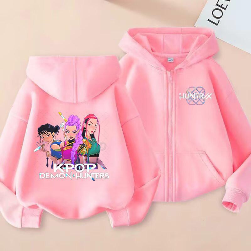 K-Pop Demon Hunters Zip Jacket Rumi Mira Zoey Cartoon Printed Children Clothing Casual Outerwear Hooded Coat Girls Clothes Gift