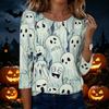 Women's Casual Halloween Print Round Neck Three Quarter Sleeve T Shirt Top Lightweight Comfortable Fit for Everyday Wear