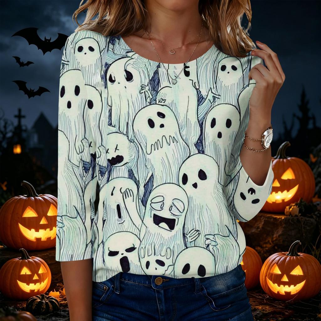 Women's Casual Halloween Print Round Neck Three Quarter Sleeve T Shirt Top Lightweight Comfortable Fit for Everyday Wear