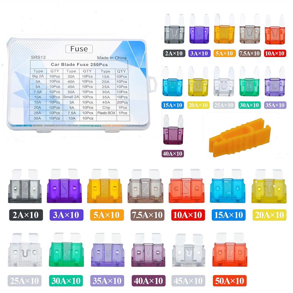 AHL 250PCS Car Blade Fuses Assortment Kit Standard & Mini Auto Fuses 2A/ 3A/ 5A/ 7.5A/ 10A/ 15A/ 20A/ 25A/ 30A/ 35A/ 40A/ 45A/ 50A for Automotive