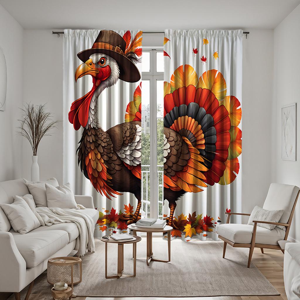 2 pieces of HD Turkey Festival wearing top hat big rooster decorative curtain Red tie digital printed curtain home decoration st