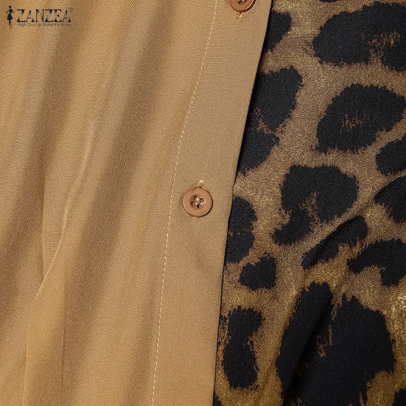 ZANZEA Women Casual Turn Down Collar Loose Short Sleeve Leopard Patchwork Long Dress