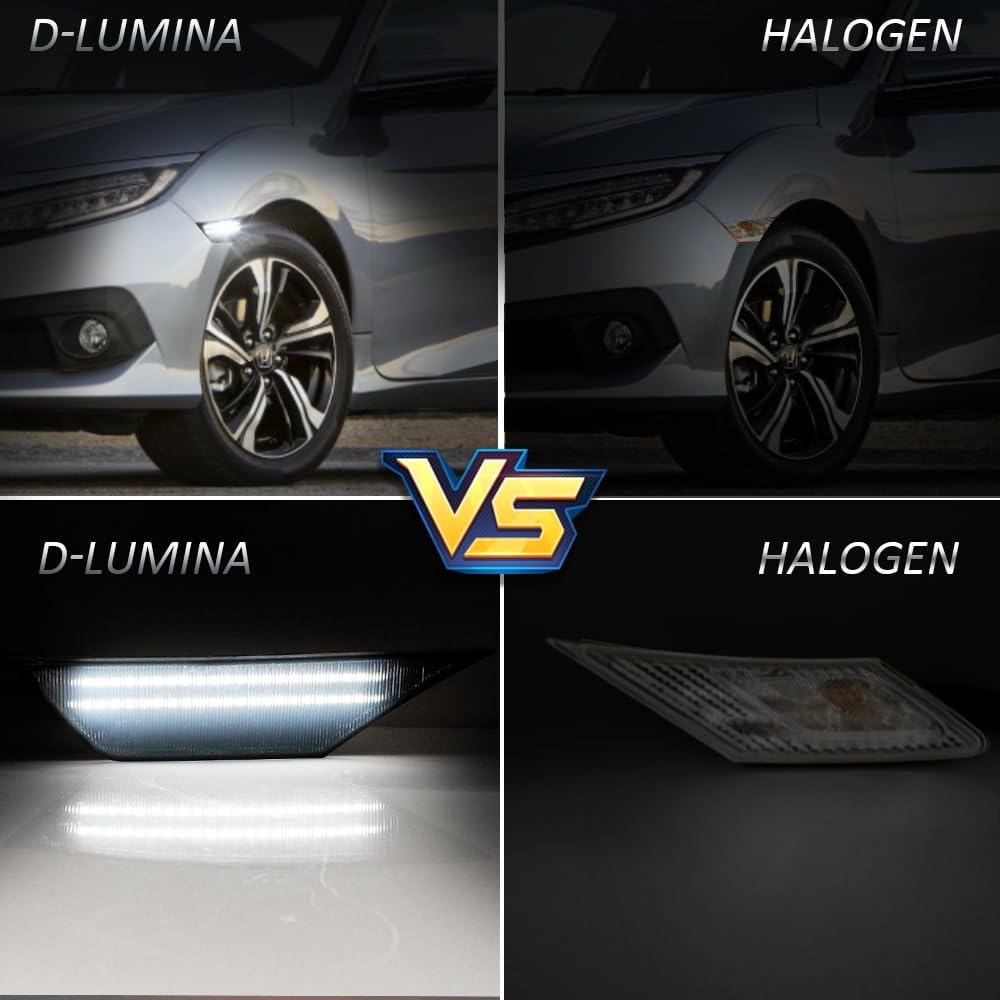 D-Lumina LED Side Marker Lights Smoked Lens White For Honda Civic 2016- 10Th Gen Civic Sedan Coupe Hatchback, Front Bumper Fender Side Marker Light,
