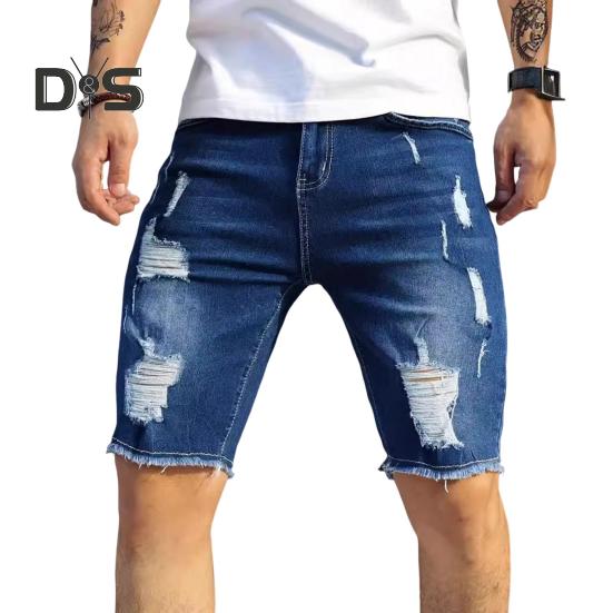 Pánské džínové kraťasy rovné zúžené nohavice s roztrhanými otvory, design po kolena, univerzální styl, krátké džíny