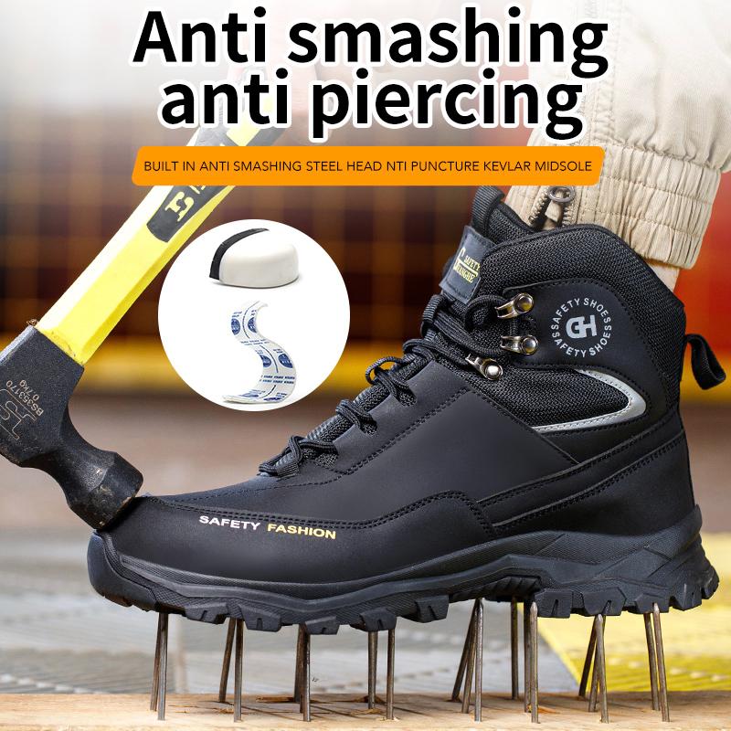 Mens Safety Shoes Steel Toe Boots Black Leather Work Shoes Waterproof Work Safety Boots Construction High Top Protective Boots
